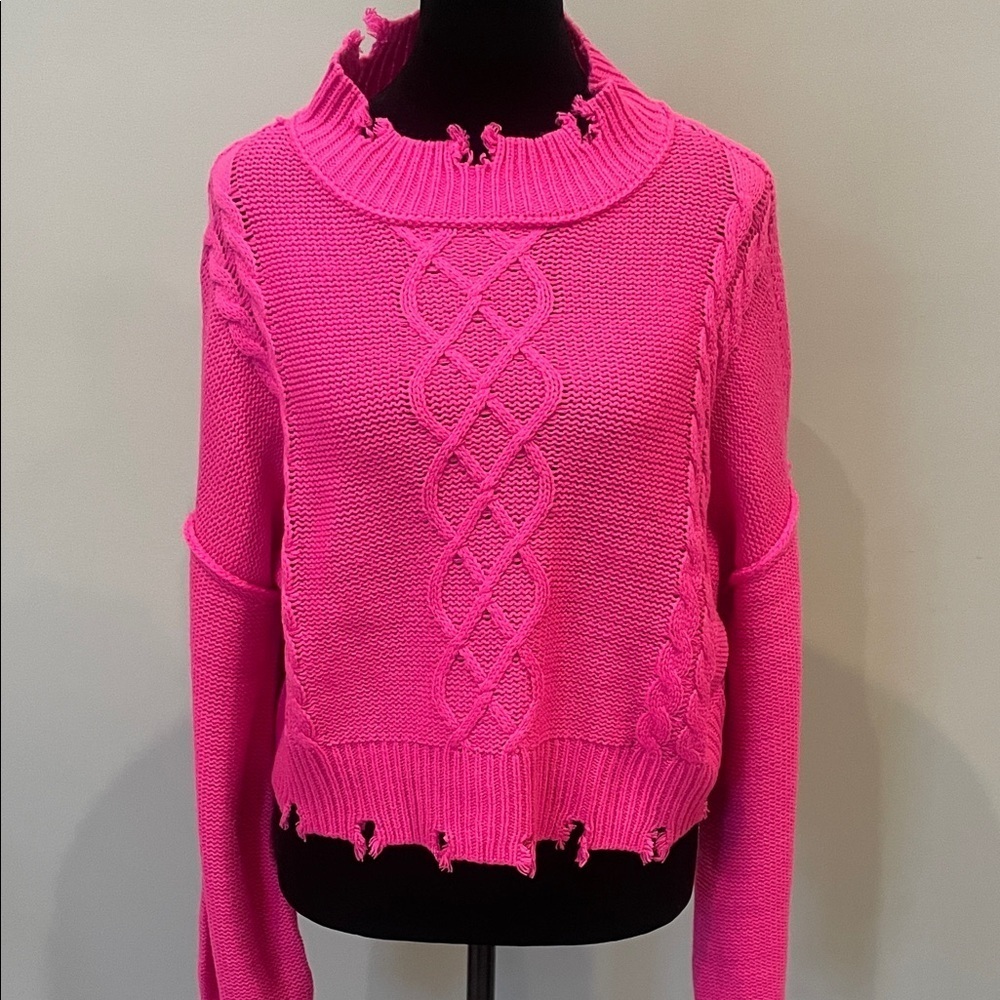 Women's bright  Pink Cable Knit Sweater new tattered look fun style